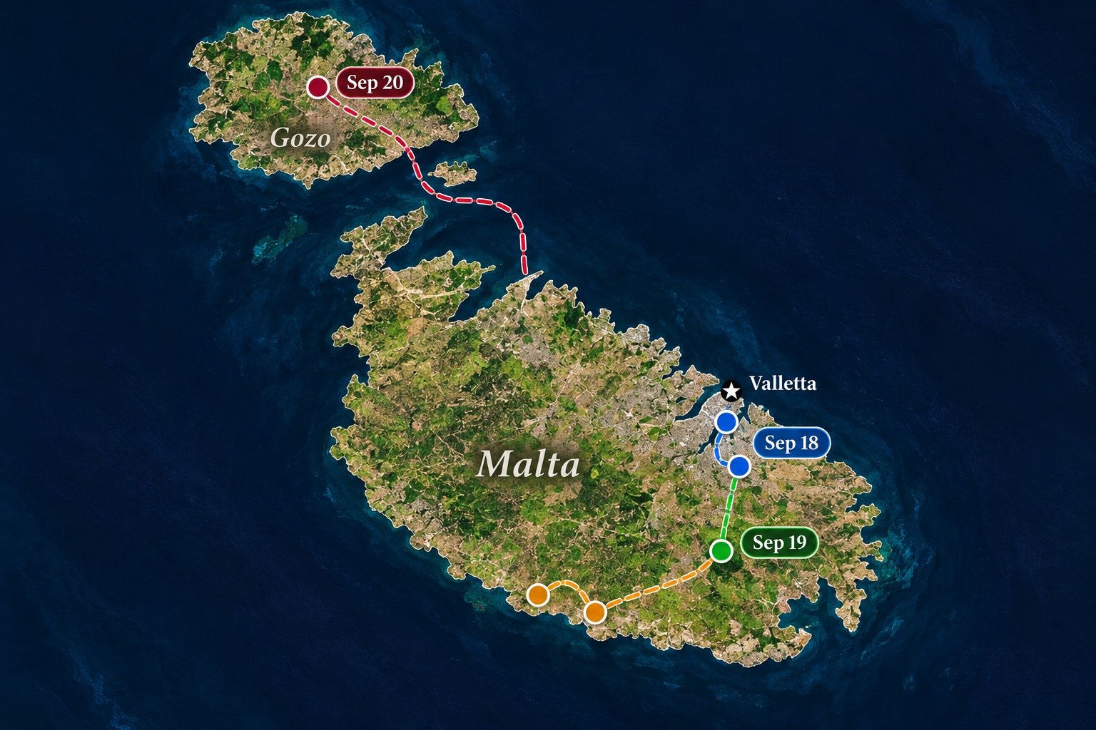 Mapa de Malta y Gozo con la ruta del 18 al 20 de septiembre