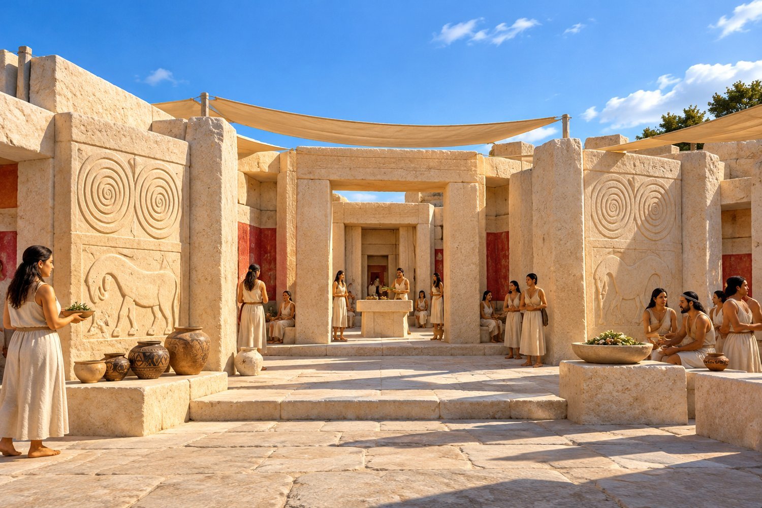 AI-generated hypothetical scene of communal activity at a Maltese megalithic complex. The activities depicted are speculative and do not represent established archaeological findings.