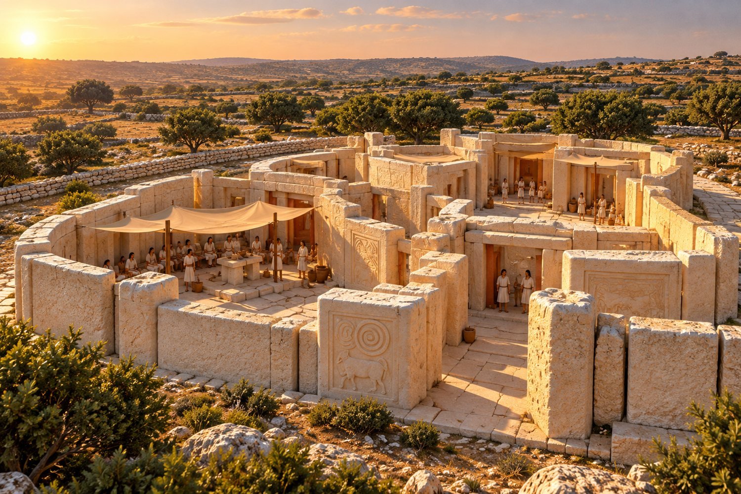 Hypothetical reconstruction of Tarxien as a functioning complex, shown against an illustrative inland Maltese landscape; exact architecture and surroundings are uncertain.